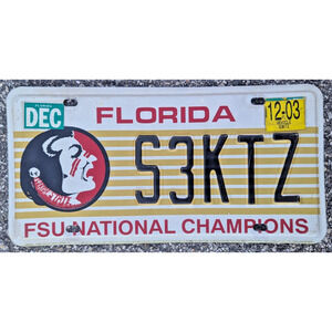 Florida License Plate Florida State University FSU National Champions Expired